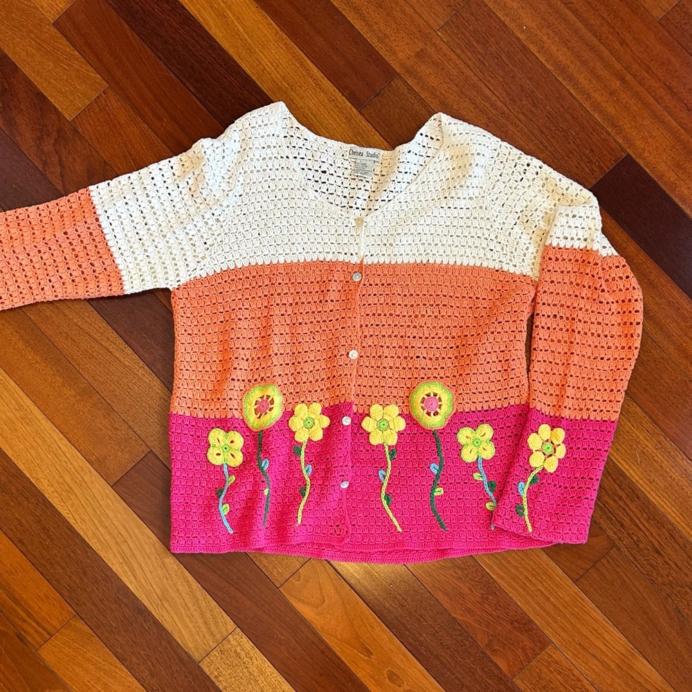 Crocheted Cardigan with Flowers - cotton/rami blend (L)